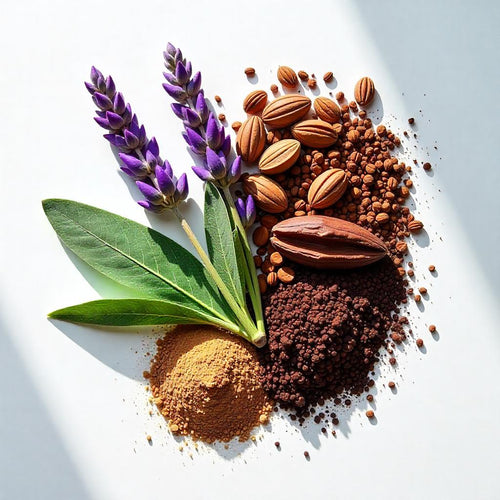 Lavender, cocoa and bergamot representing the olfactory notes of the perfume.