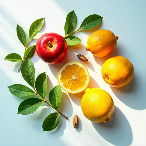 Apple, lemon, mandarin and bergamot representing the olfactory notes of the perfume.
