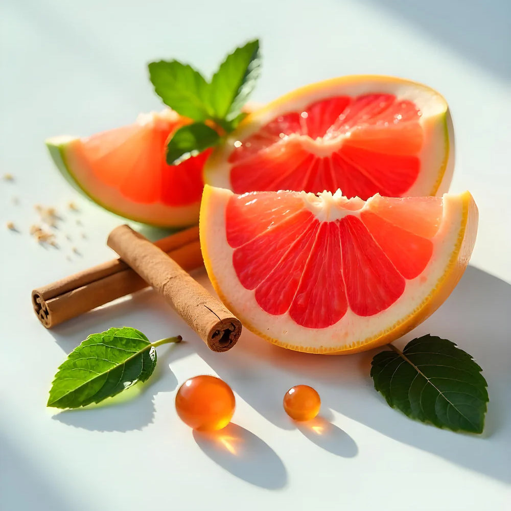 Grapefruit, mint and cinnamon representing the olfactory notes of the perfume.
