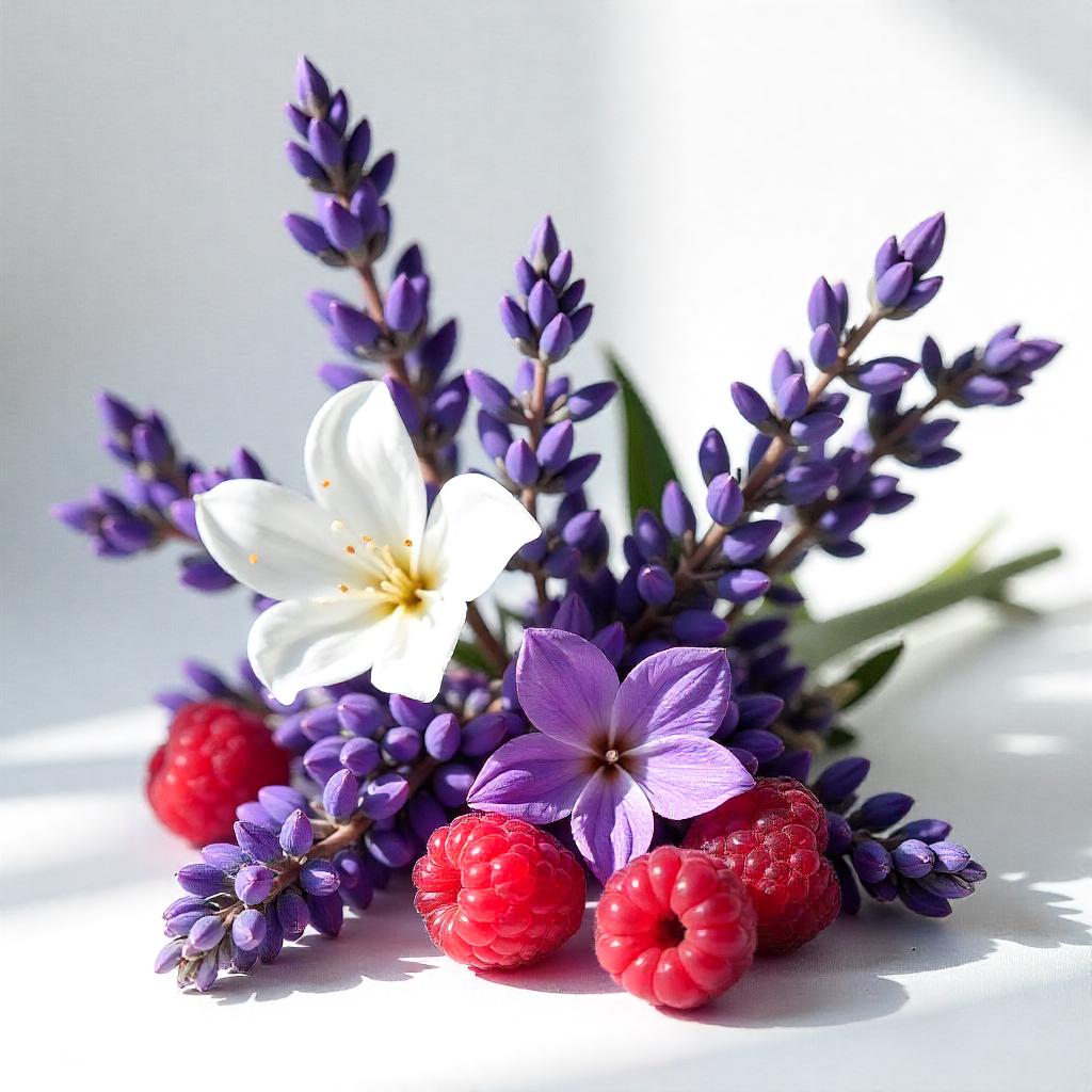 Lavender, jasmine and raspberry representing the olfactory notes of the perfume.