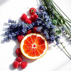 Grapefruit, lavender and raspberry representing the olfactory notes of the perfume.
