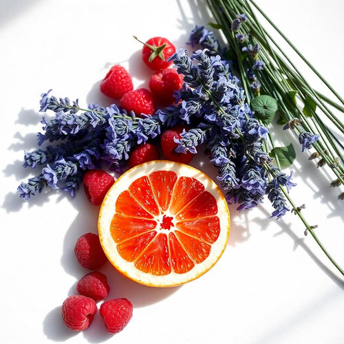 Grapefruit, lavender and raspberry representing the olfactory notes of the perfume.