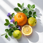 Lemon, mandarin and violet representing the olfactory notes of the perfume.