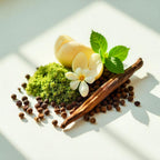 Meta, pepper, moss and vanilla representing the olfactory notes of the perfume.