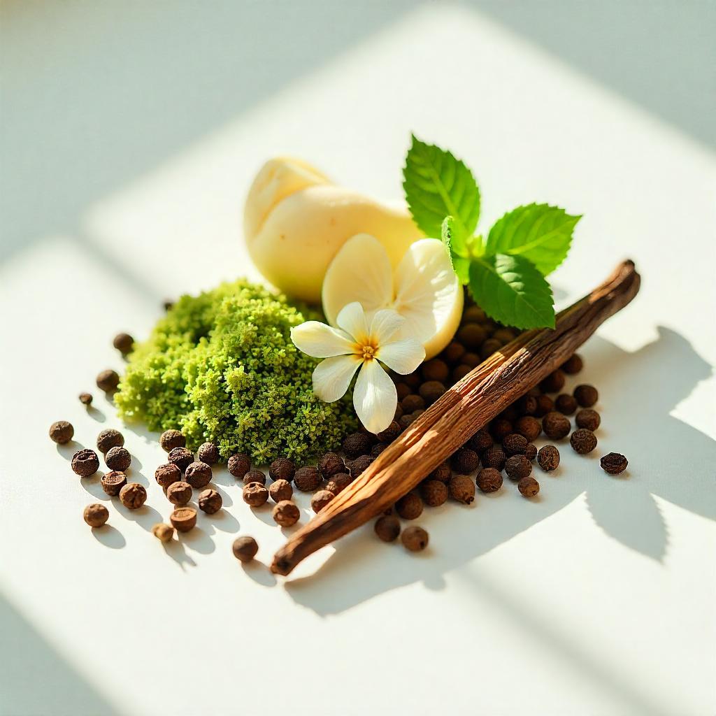 Meta, pepper, moss and vanilla representing the olfactory notes of the perfume.