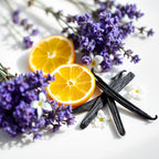 Orange blossom, lavender and vanilla representing the olfactory notes of the perfume.