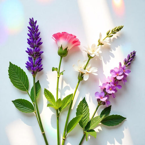 Lavender and violet representing the olfactory notes of the perfume.