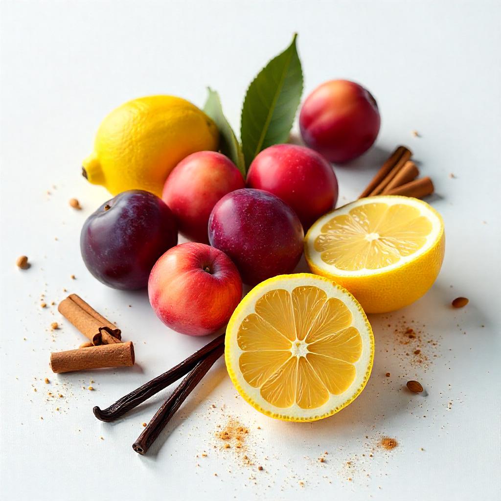 Lemon, apple, plum and cinnamon representing the olfactory notes of the perfume.
