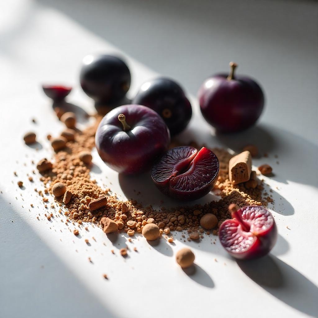 Plum and cinnamon representing the olfactory notes of the perfume.