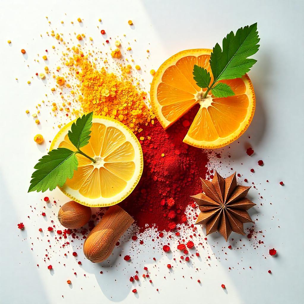 Lemon, mandarin and saffron representing the olfactory notes of the perfume.