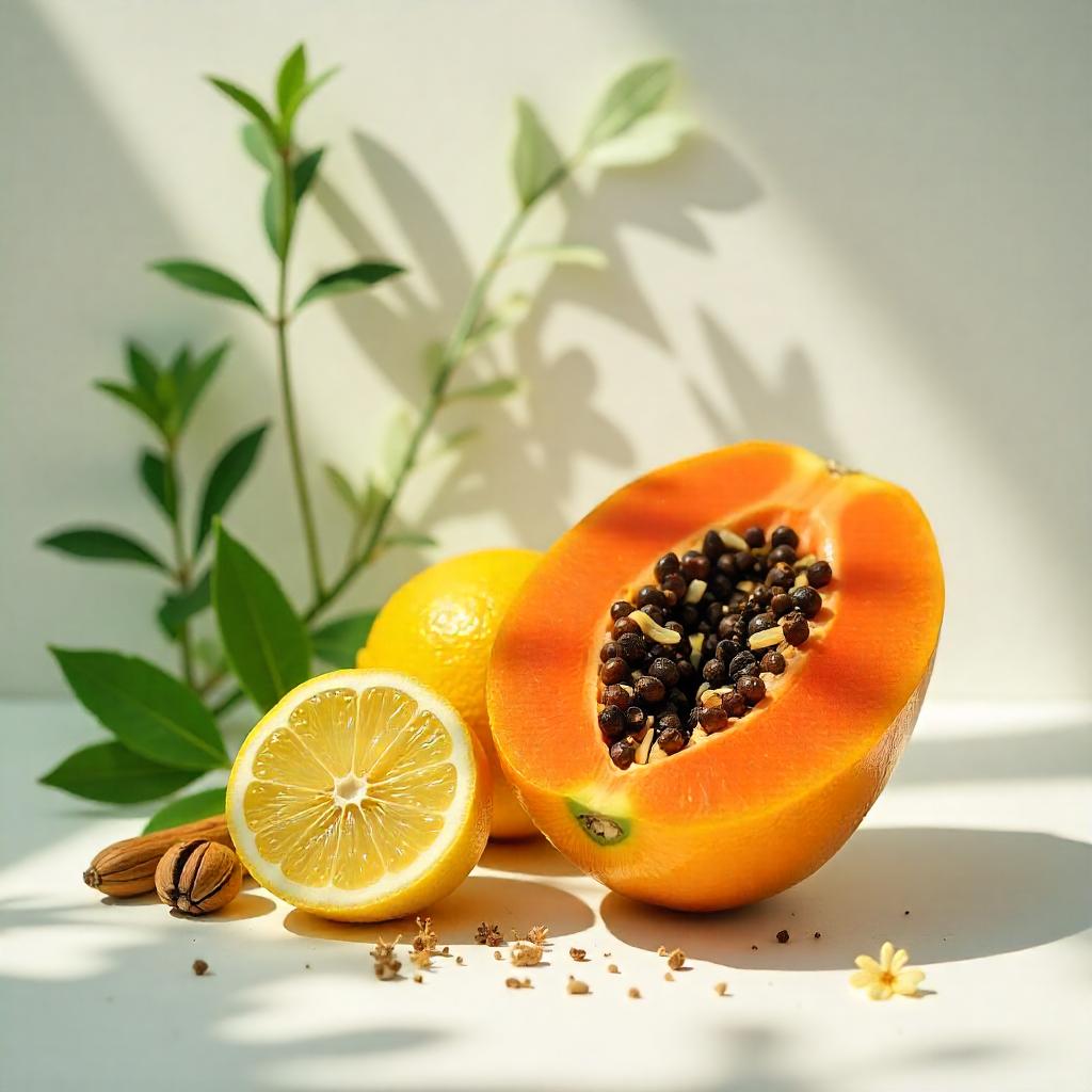 The perfume's olfactory notes combine the tropical juiciness of papaya with the citrus freshness of lemon, enhanced by warm almond nuances and subtle spicy touches.