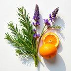 Mandarin, lavender and rosemary representing the olfactory notes of the perfume.