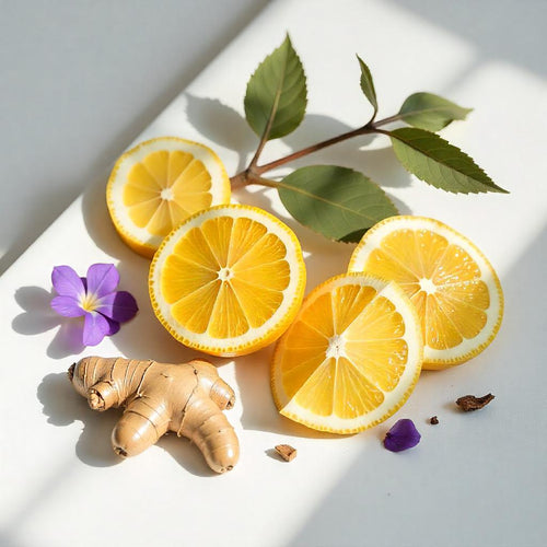 Lemon, ginger and violet leaves representing the olfactory notes of the perfume.