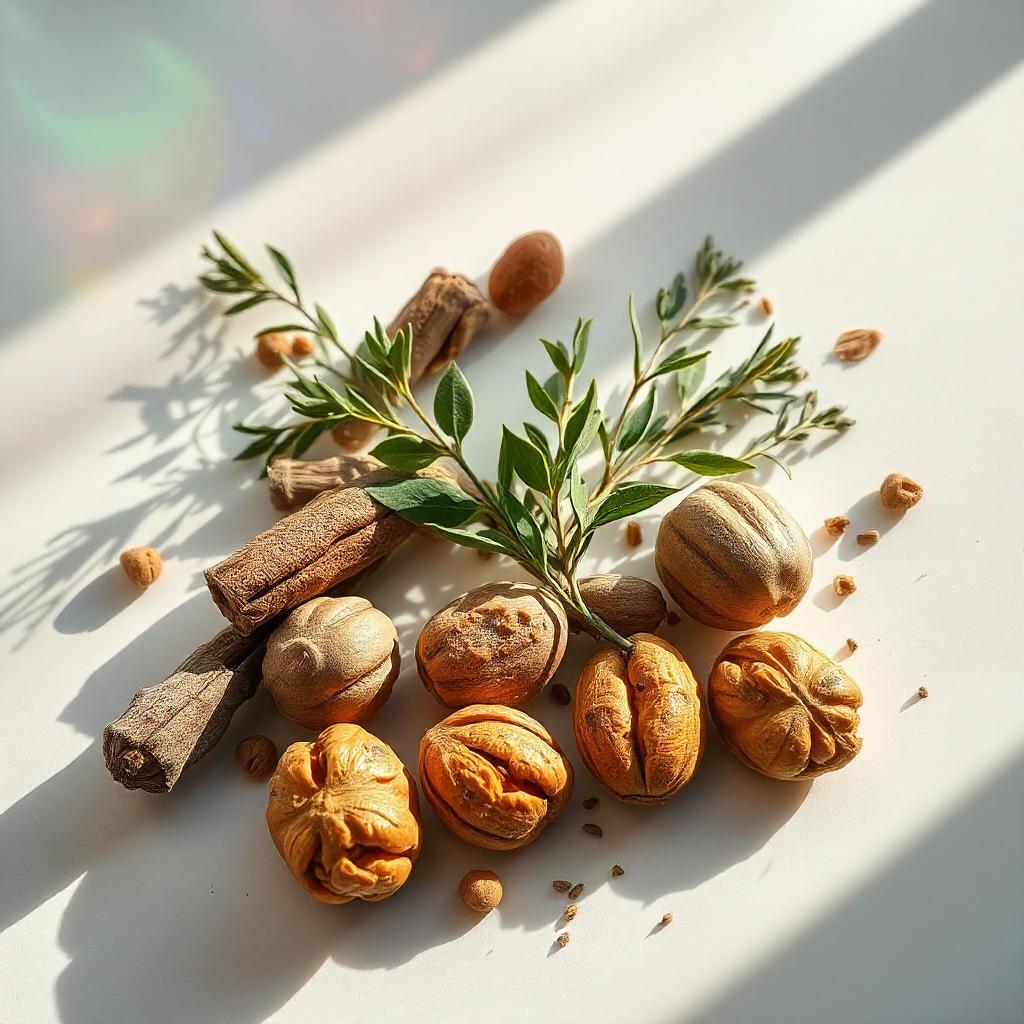 Wood, basil and cocoa representing the olfactory notes of the perfume.