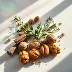 Wood, basil and cocoa representing the olfactory notes of the perfume.