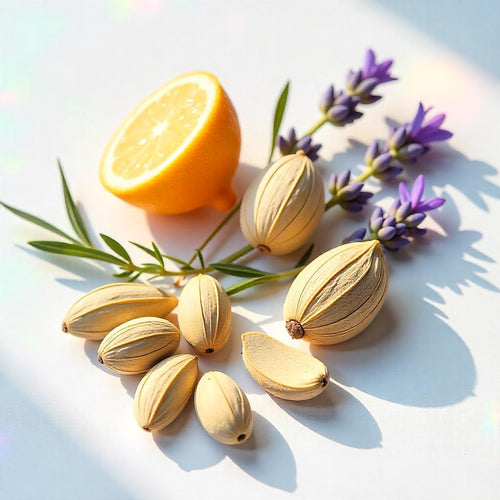 Tonka bean and lavender representing the olfactory notes of the perfume.