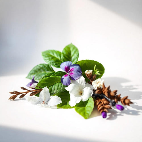 Violet leaves and white musk representing the olfactory notes of the perfume.