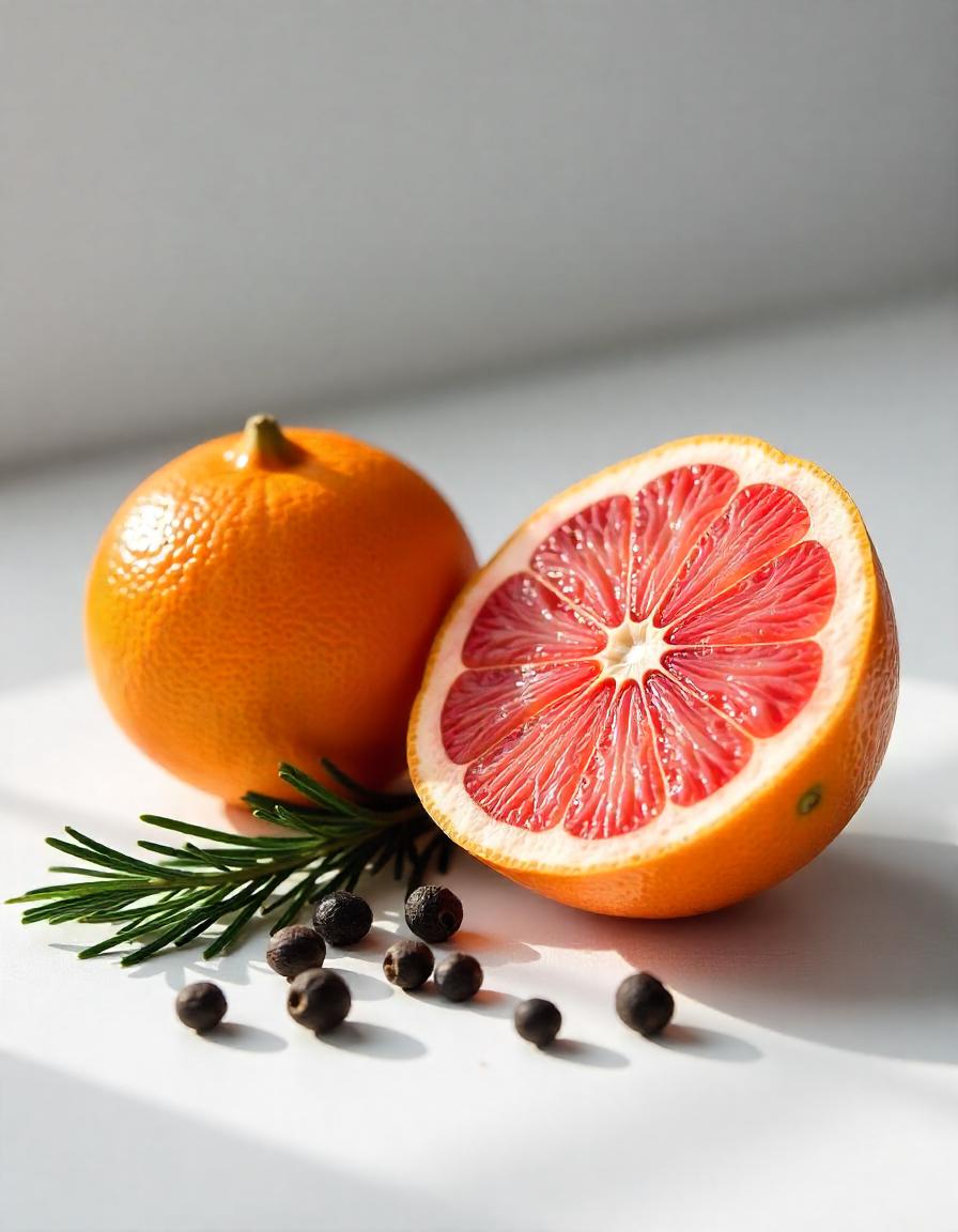 Orange and grapefruit representing the olfactory notes of the perfume.