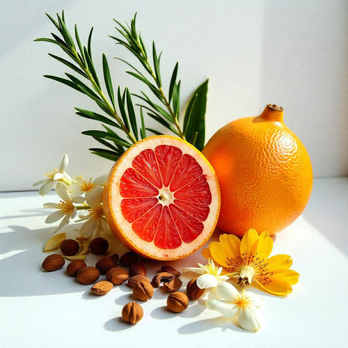 Olfactory notes of the perfume that balance the citrus freshness of grapefruit with the aromatic touch of rosemary, enveloped in nuances of orange blossom and almond softness.