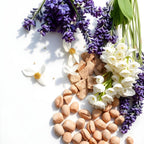 Lavender, tonka bean and violet leaves representing the olfactory notes of the perfume.