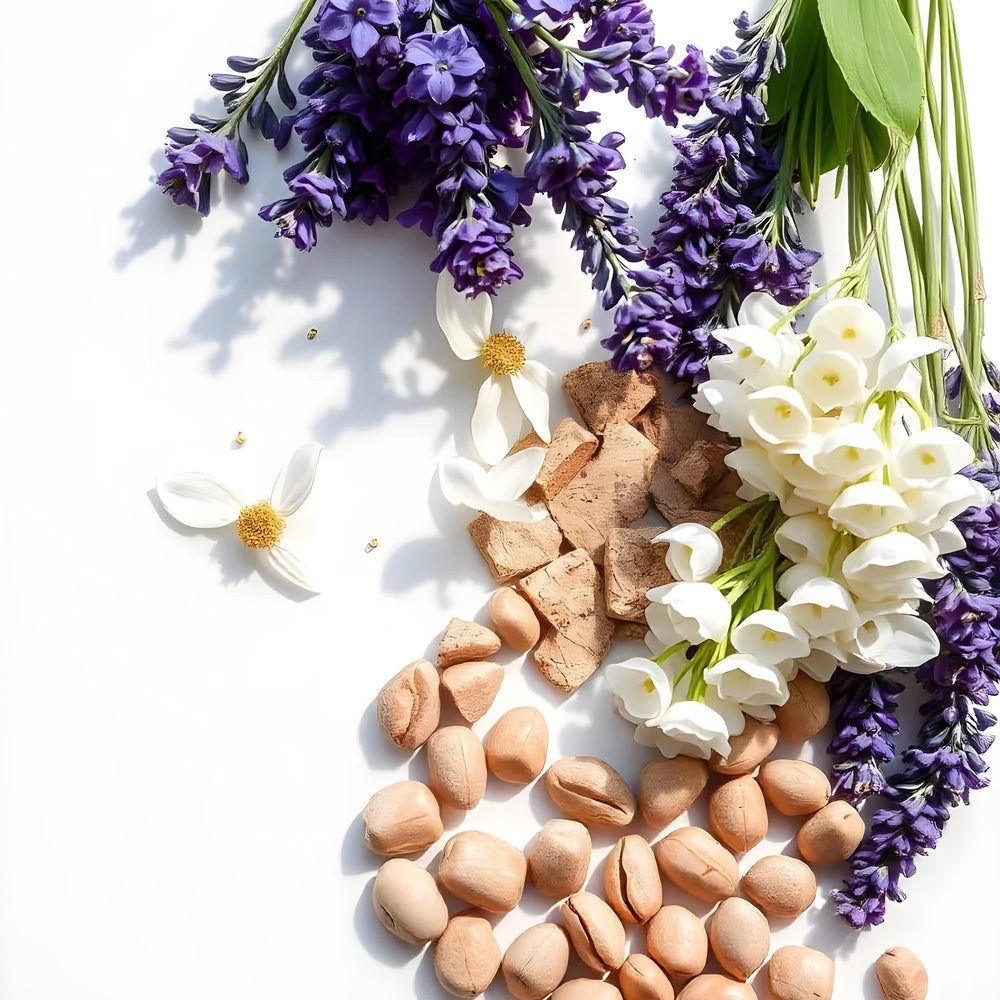 Lavender, tonka bean and violet leaves representing the olfactory notes of the perfume.