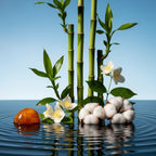 Olfactory notes of the perfume with bamboo, jasmine, cotton and amber on an aquatic background.