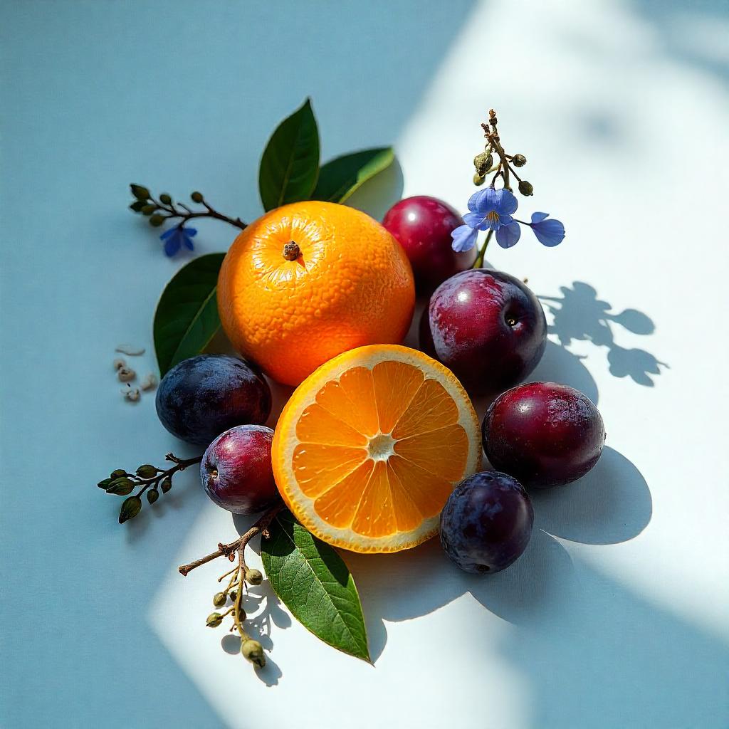 Mandarin, lychee and lily representing the olfactory notes of the perfume.