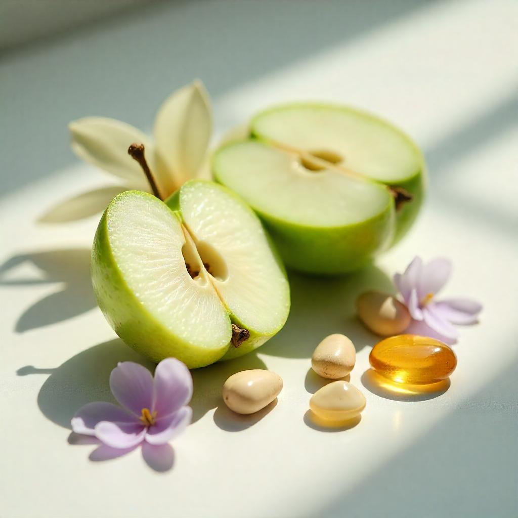 Green apple, violet and amber representing the olfactory notes of the perfume.