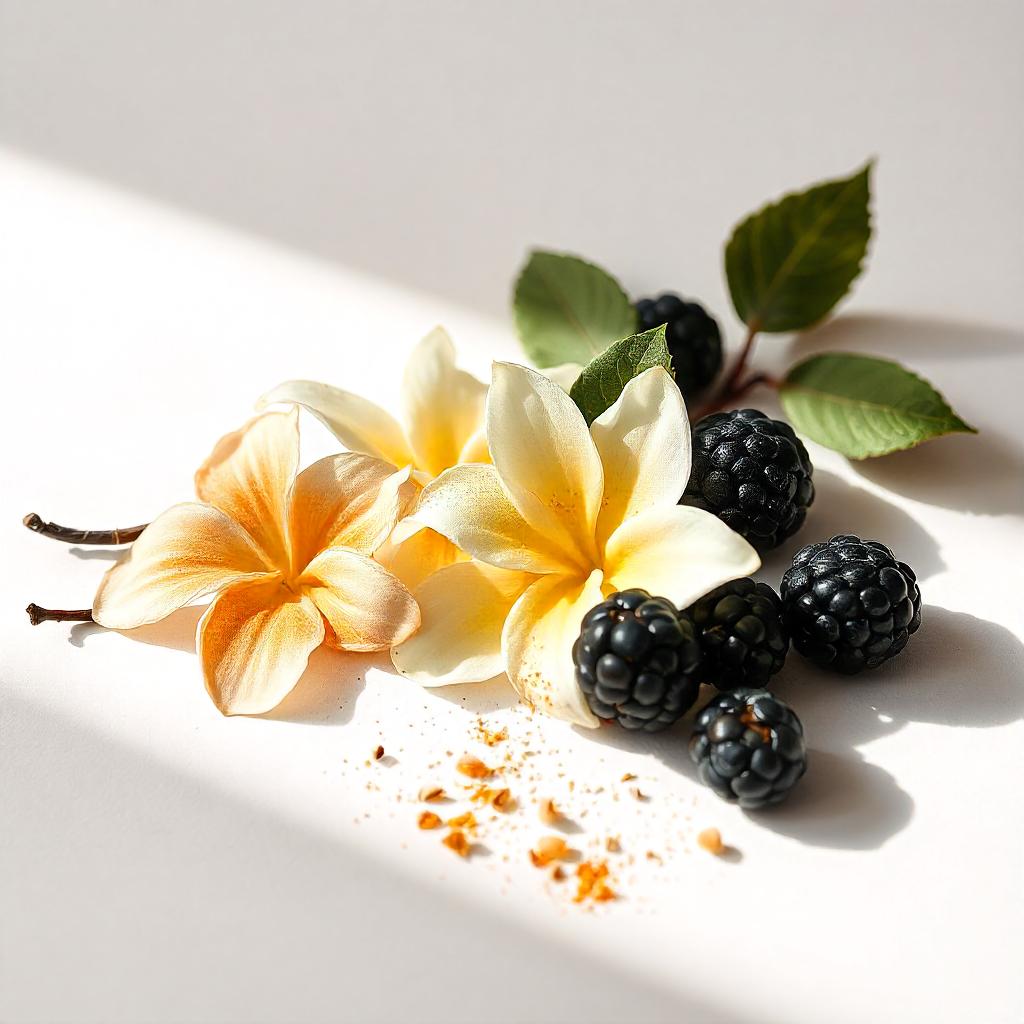 Black raspberry and mandarin leaves representing the olfactory notes of the perfume.