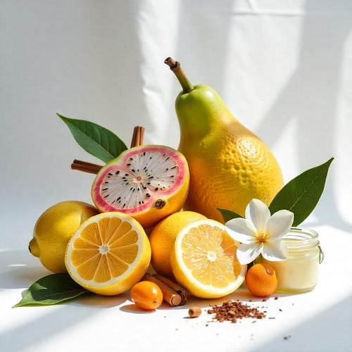 Tropical fruit, lemon, grapefruit and cinnamon representing the olfactory notes of the perfume.