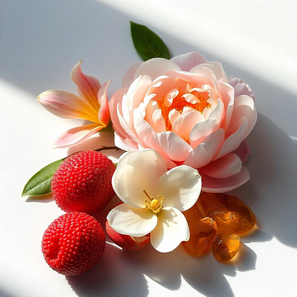 Peony, amber and lychee representing the olfactory notes of the perfume.
