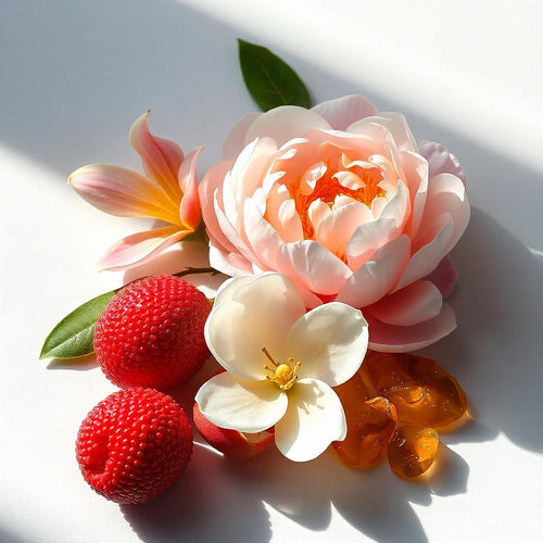Peony, amber and lychee representing the olfactory notes of the perfume.