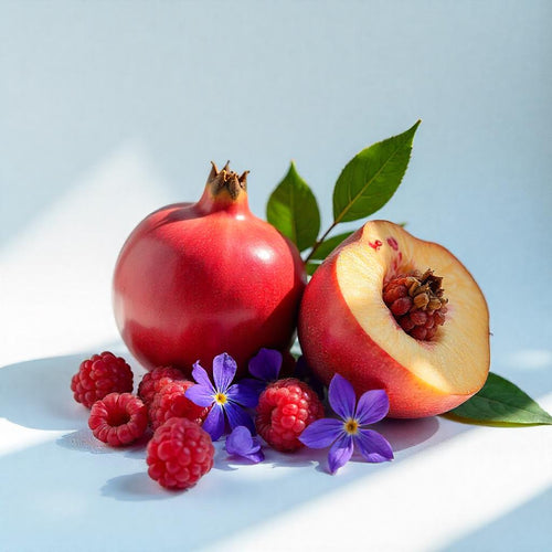 Pomegranate, orchid and raspberry representing the olfactory notes of the perfume.