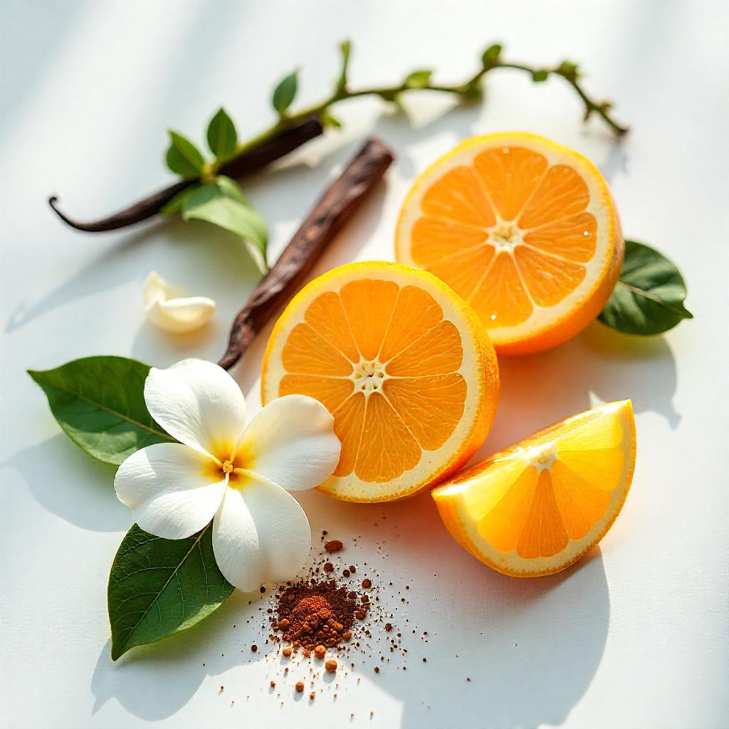 Mandarin, jasmine and vanilla representing the olfactory notes of the perfume.