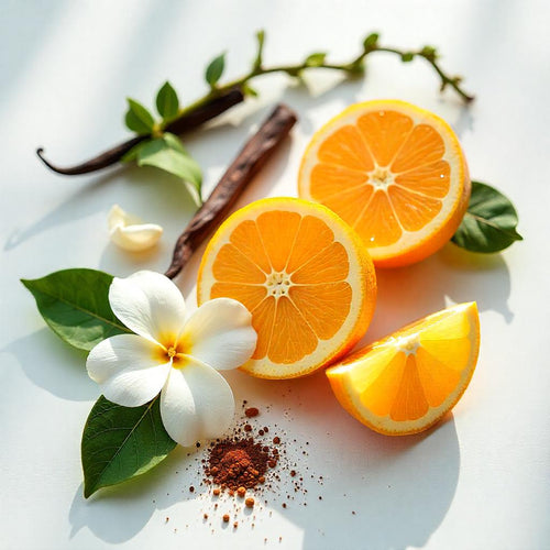 Mandarin, jasmine and vanilla representing the olfactory notes of the perfume.