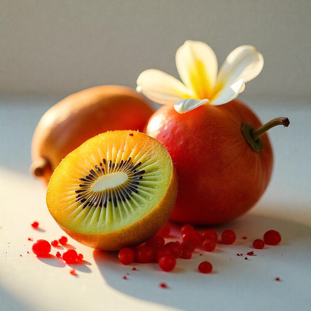 Kiwi, red lychee and jasmine representing the olfactory notes of the perfume.