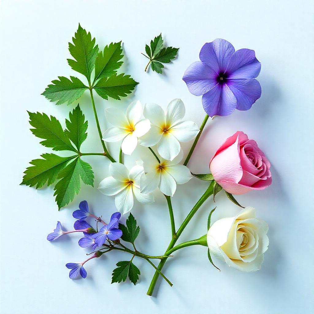 Violet, gardenia and rose leaves representing the olfactory notes of the perfume.