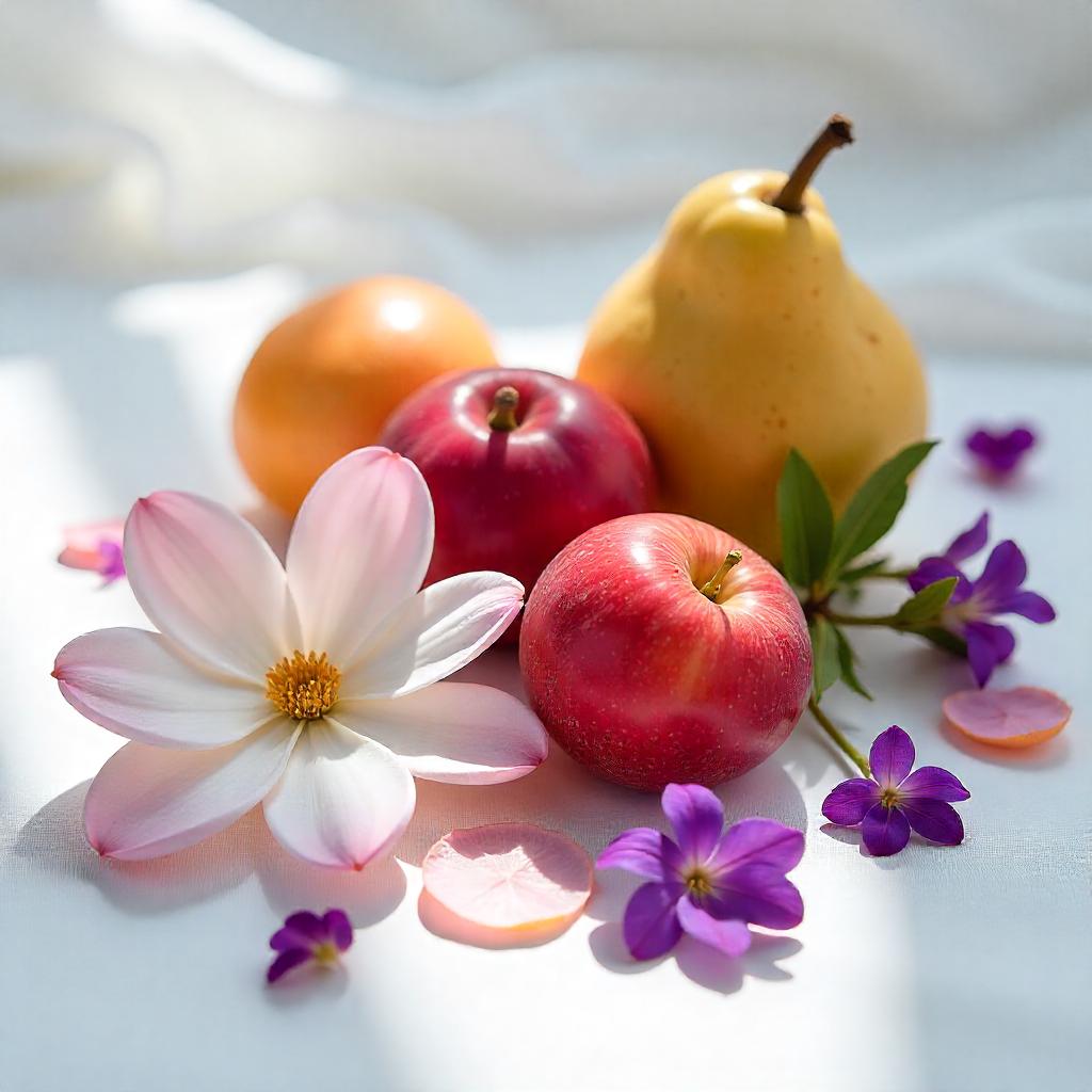 Peach, pear and violet representing the olfactory notes of the perfume.