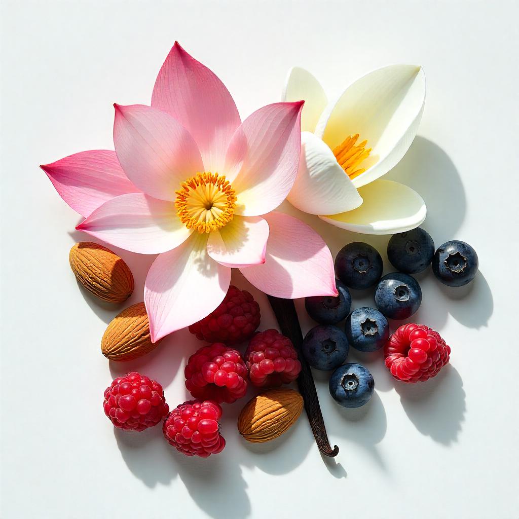 Freesia, almond, blackberries and raspberries representing the olfactory notes of the perfume.