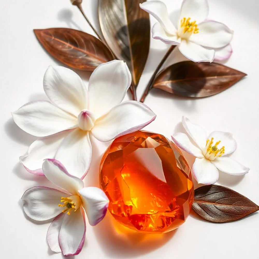 Magnolia and amber representing the olfactory notes of the perfume.