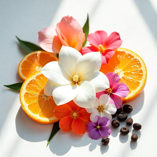 Mandarin, gardenia and rose representing the olfactory notes of the perfume.