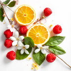Lemon, raspberry and jasmine representing the olfactory notes of the perfume.