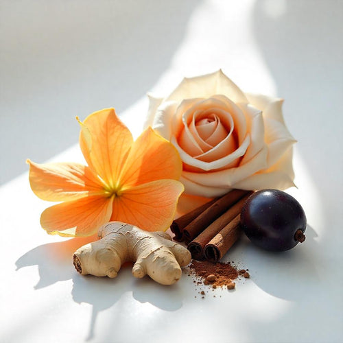 Orange blossom, ginger, plum, rose and cinnamon representing the olfactory notes of the perfume.