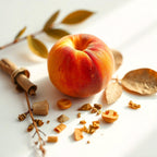 Peach and sandalwood representing the olfactory notes of the perfume.