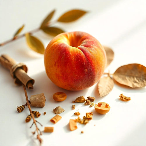 Peach and sandalwood representing the olfactory notes of the perfume.