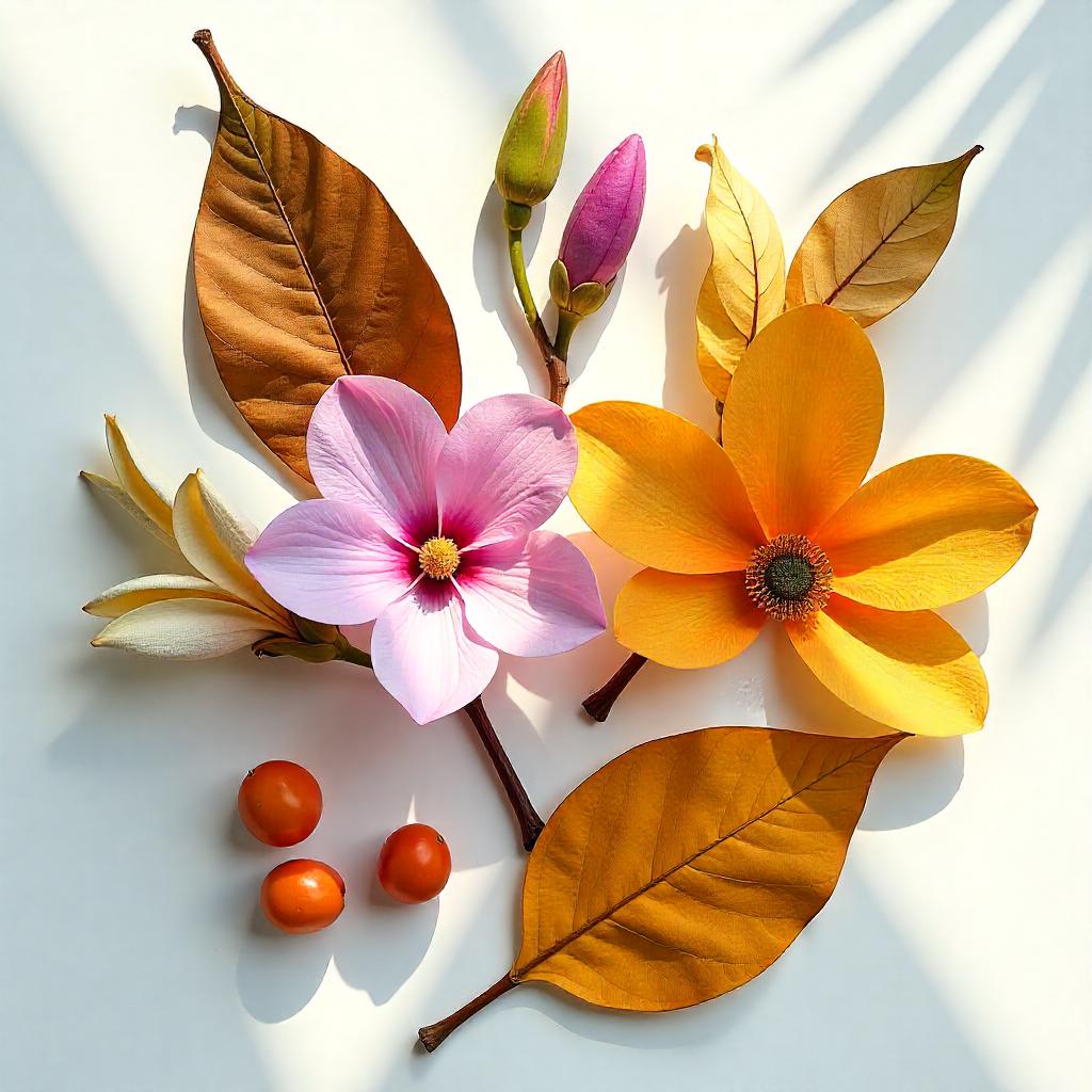 Violet, banana leaf and magnolia representing the olfactory notes of the perfume.