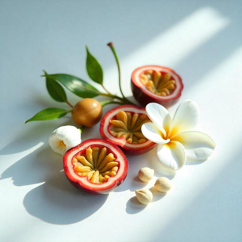 Olfactory notes of the perfume with tiare flower, passion fruit and seeds, with a creamy and tropical touch.