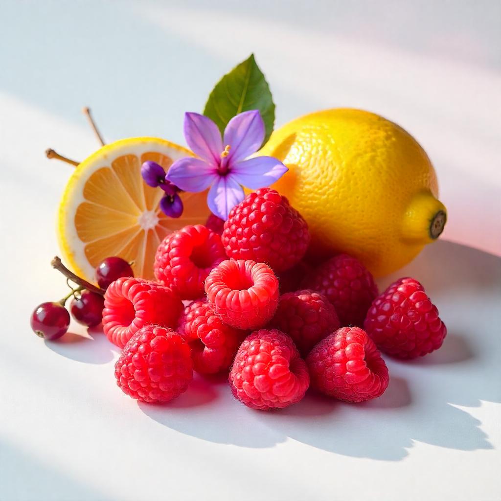 Lemon, violet and raspberries representing the olfactory notes of the perfume.