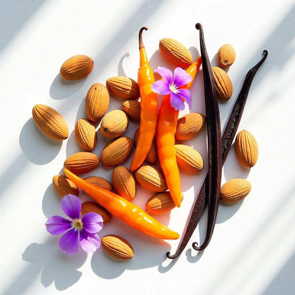 Orange chili, violet and vanilla representing the olfactory notes of the perfume.