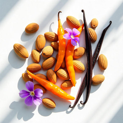Orange chili, violet and vanilla representing the olfactory notes of the perfume.